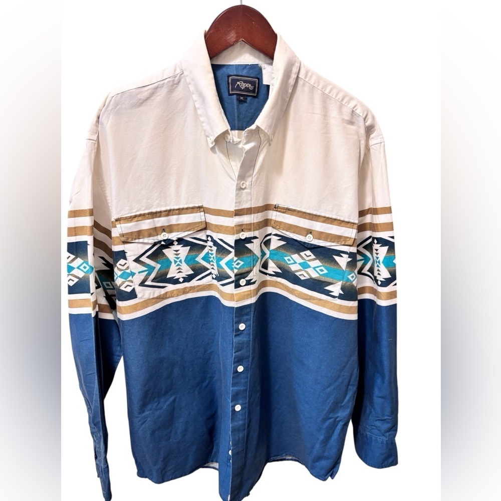 VTG Roper Western Aztec Southwest Casual Button Up LS Shirt Sz XL Blue Cream